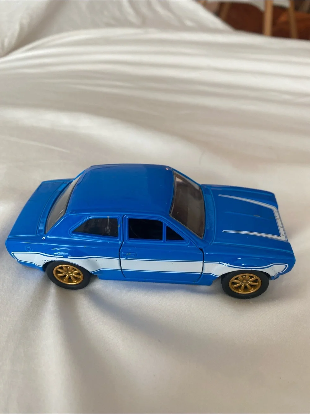 Vintage Blue & White Kids Toy Car with Gold Wheels